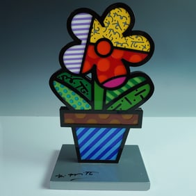 Romero Britto Aluminum Sculpture "Flower Pot Silver Base"