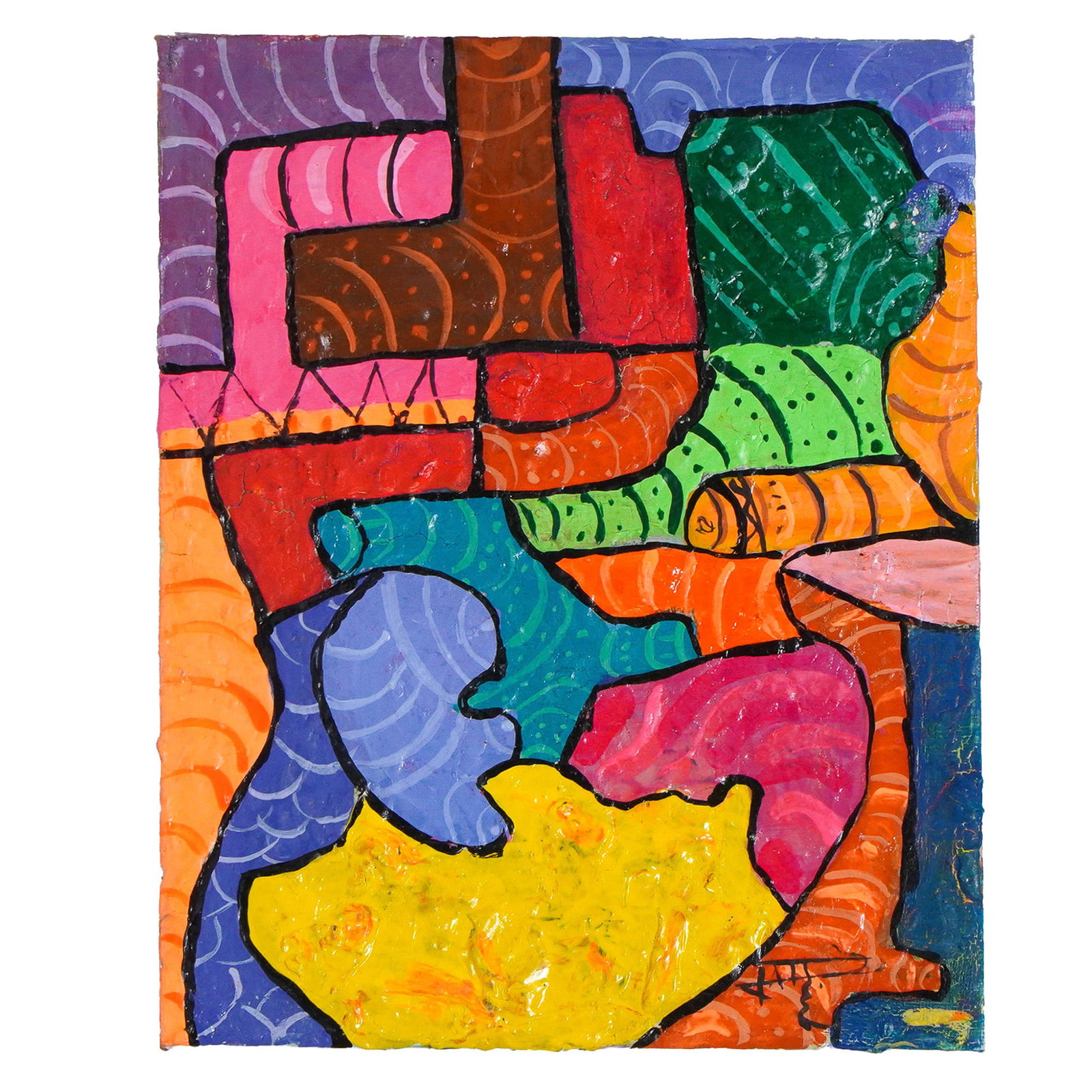 Original Abstract Mixed Media Painting, Signed: This original abstract mixed media painting features a dynamic composition of bold colors, intricate patterns, and textured elements. The artwork showcases a vibrant interplay of geometric and organic