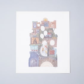 Amram Ebgi, Color Etching on Paper, Children with Balloons at Safat Signed