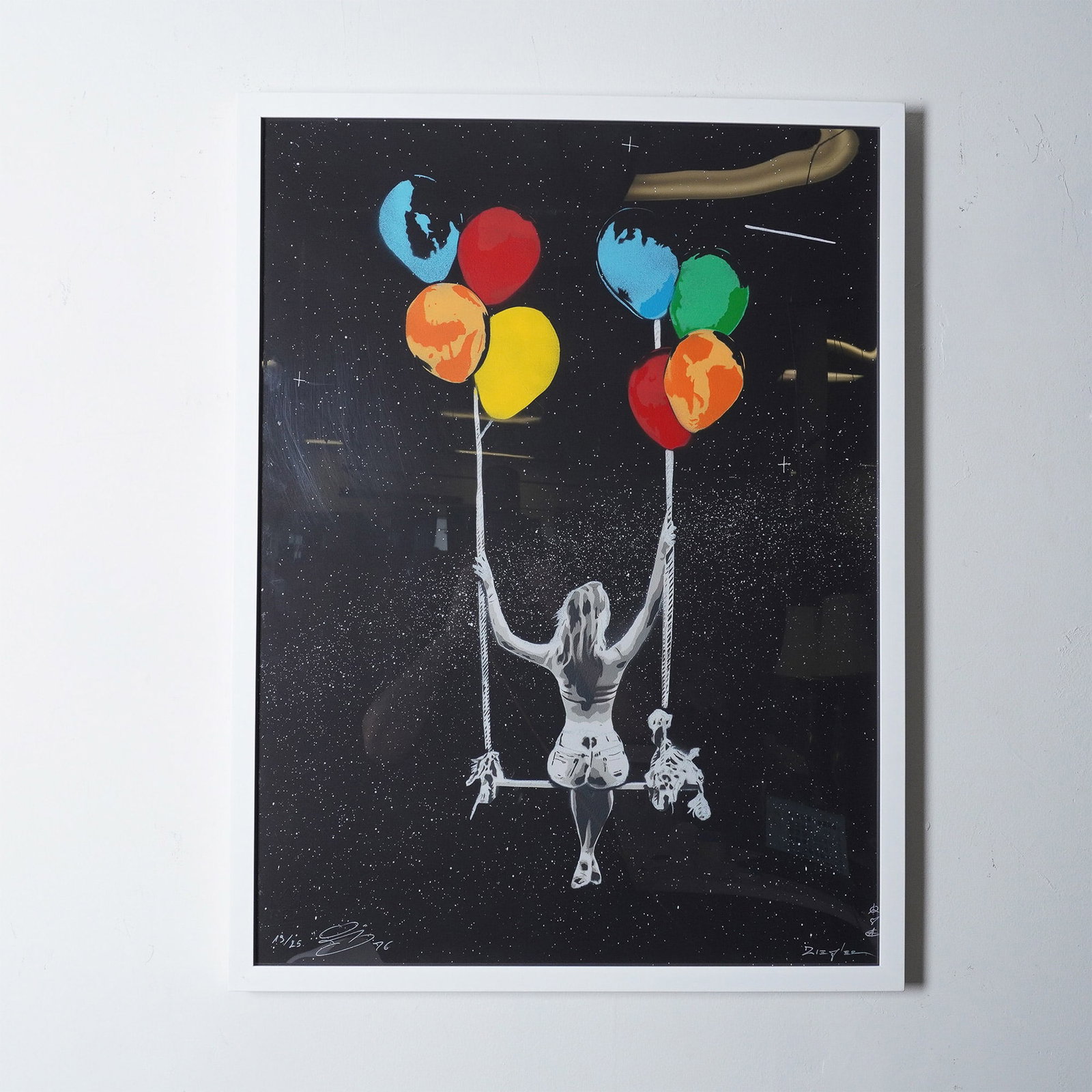 Ziegler T, Stencil & Spray Paint on Paper, Fly Away (By Night), Signed: A striking mixed-media artwork on glass by Ziegler T, titled Fly Away (By Night), depicting a female figure seated on a swing, suspended by ropes that transition into colorful balloons against a dark,