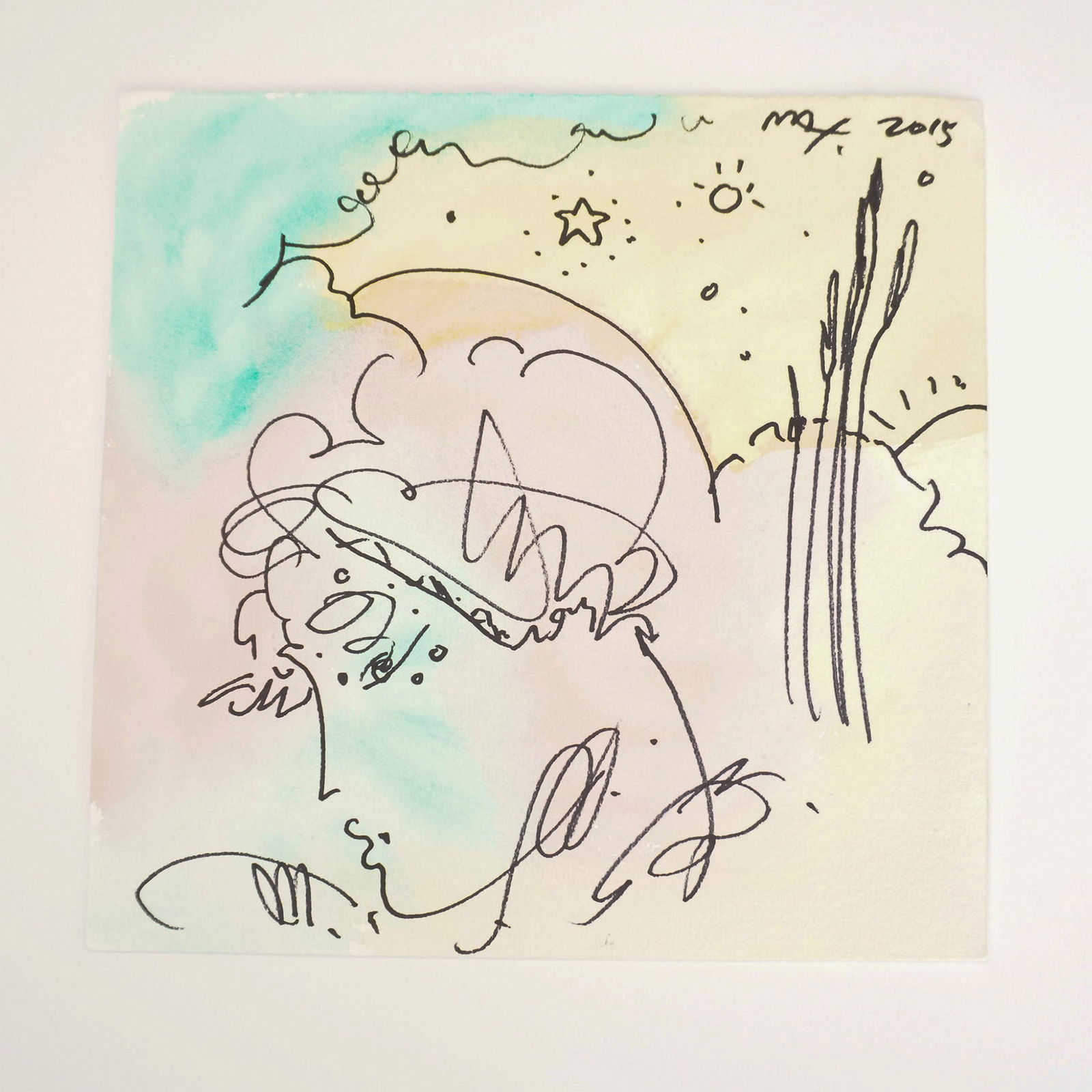 Peter Max, Original Watercolor and Pen on Paper, Aqua Profile, Signed: Vibrant watercolor and dark ink pen composition by Peter Max, entitled Aqua Profile, featuring the artist's signature fluid linework and dynamic use of color. Executed in 2015, this artwork captures a