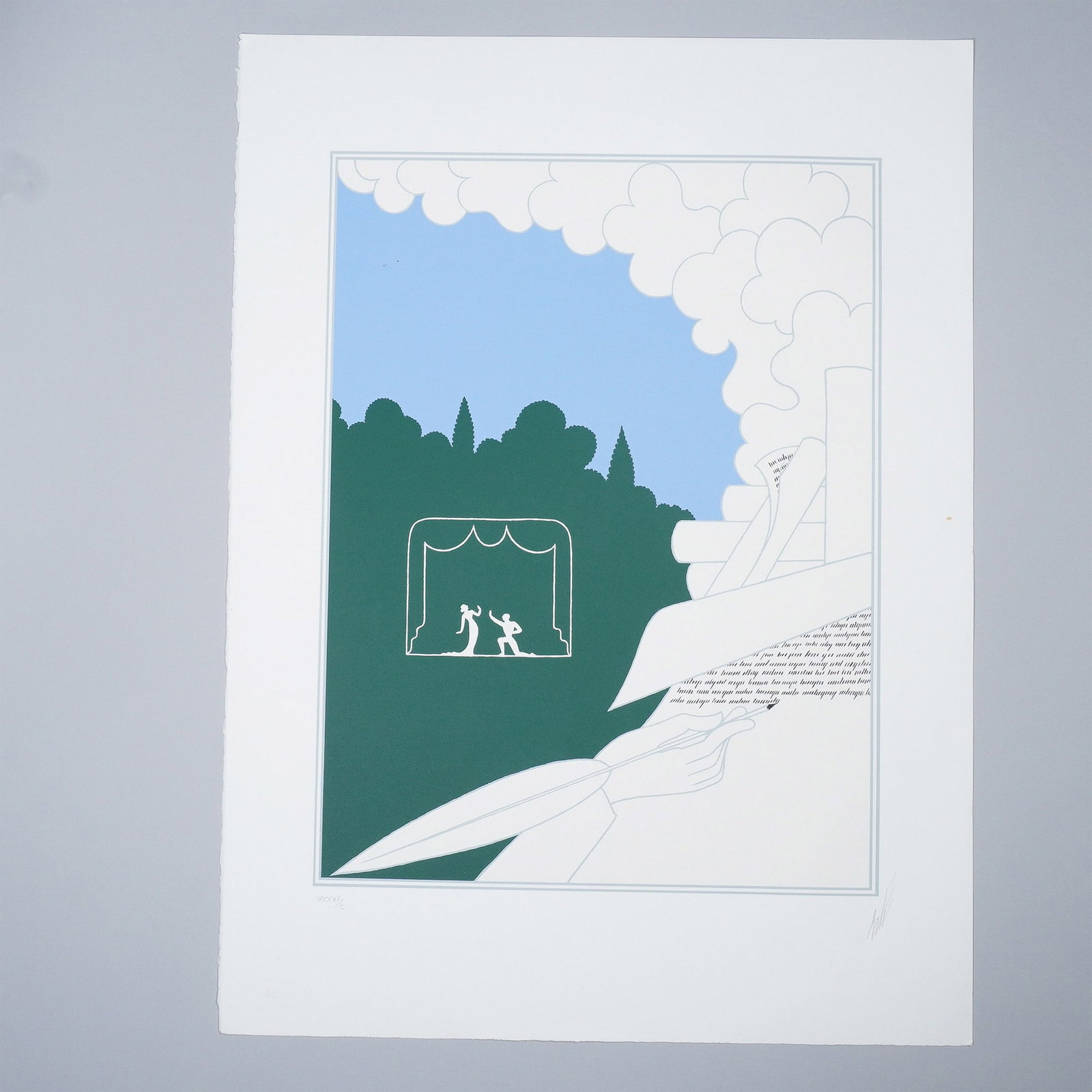 Erte Limited Edition Print, TErte Writer In Landscape Color Serigraph: A striking limited edition print numbered XXXVI/100, featuring an elegant and minimalist design with a theatrical motif. The artwork presents a blend of deep green, white, and soft blue tones, incorpo