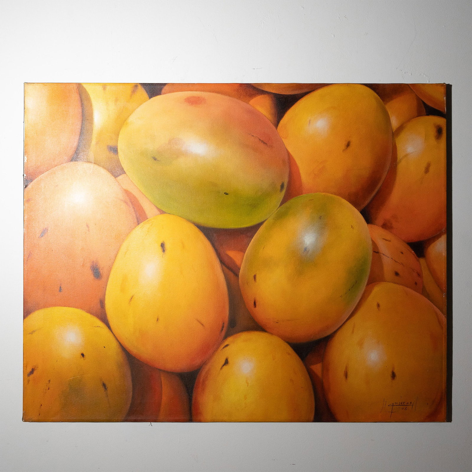 Cesar Camarena, Pop Art Oil on Canvas, Mangos en Primer Plano, Signed: Vibrant Pop Art oil on canvas by Cesar Camarena, titled Mangos en Primer Plano (Mangos in the Foreground). Executed in 2006, this striking composition captures a hyperrealistic close-up of ripe mangoe