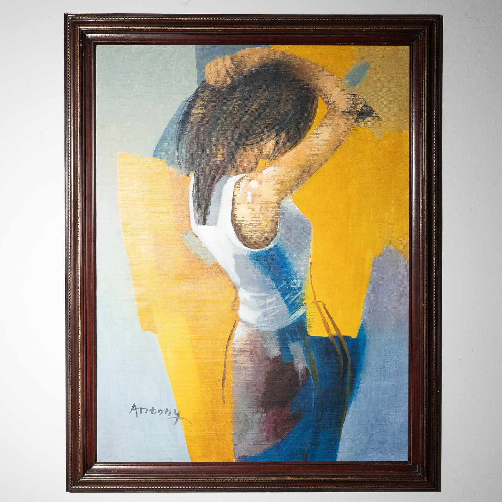 Antony, Oil on Canvas, Contemporary Figurative Oil on Canvas, Signed: A striking contemporary figurative oil painting on canvas, signed Antony at the lower left. This expressive composition portrays a woman in a white tank top with her back turned to the viewer, her arm