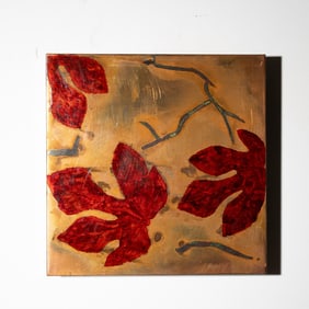 Mixed Metal Artwork, Red Fig Leaves, Signed