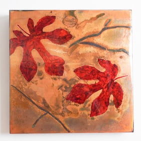Original Copper Enamel Box with Fig Leaf Motif, Signed