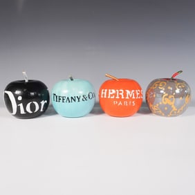 4pc Painted Apple Sculptures, Luxury Brand Theme