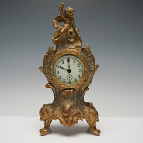 Antique Jennings Brothers USA Gilt-Bronze Rococo Table Clock with Cherub