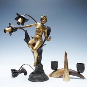 2pc Joaquim Angles Art Nouveau Bronze Figural Lamp and Horn Candle Holders