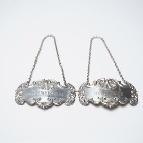 2pc Sterling Silver Liquor Decanter Tags, Bourbon & Scotch