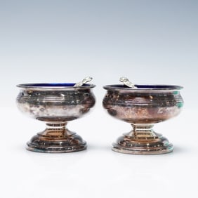 2pc Sheffield Silver and Cobalt Glass Salt Cellars with Sterling Spoons