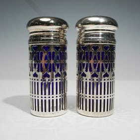 2pc Silver Filigree Cobalt Glass Salt and Pepper Shakers