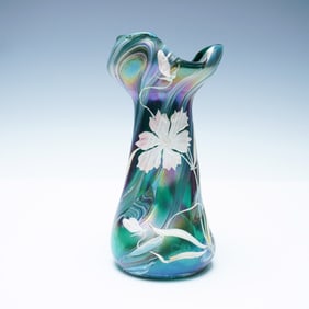 Art Nouveau Iridescent Glass Vase, Hand-Painted Flowers