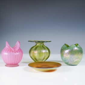 4pc Art Glass Iridescent Vases and Dish Collection