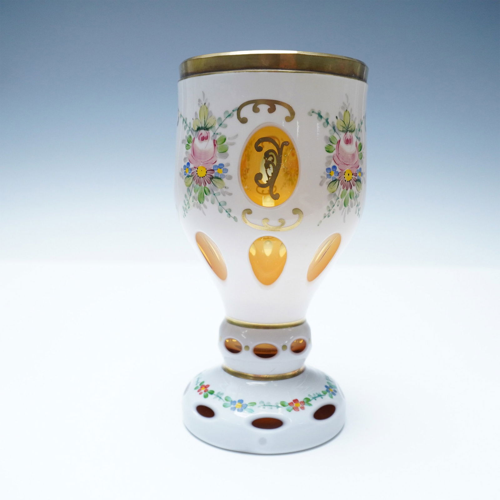 Bohemian Cut to Amber Hand-Painted Vase (1 of 4)