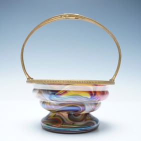 Swirled Art Glass Basket with Ornate Brass Handle