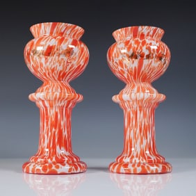 Pair of Czech Spatter Glass Mantle Vases on Pedestals