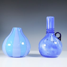 2pc Blue Art Glass Vases