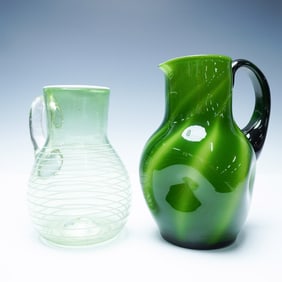 2pc Green Swirl Handblown Art Glass Pitchers