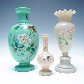 3pc Hand-Painted Floral Opaline Glass Vase Set