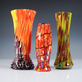3pc Czech Splatter Art Glass Vase Set