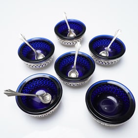 17pc Sterling Silver and Cobalt Glass Open Salt Cellars with Spoons