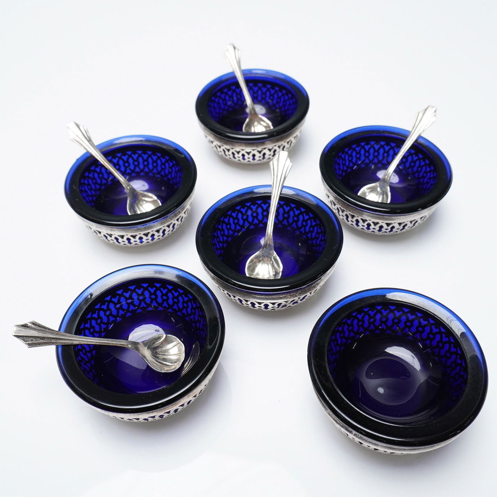 17pc Sterling Silver and Cobalt Glass Open Salt Cellars with Spoons (1 of 4)