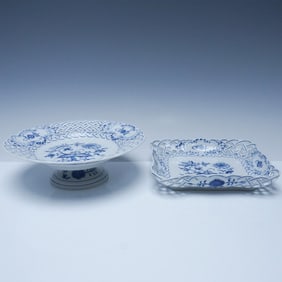 2pc Meissen Reticulated Compote and Dish, Blue Onion