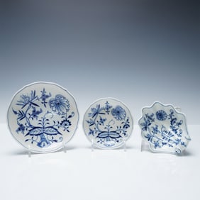 3pc Meissen Blue Onion Porcelain Dish Trio