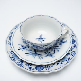 3pc Meissen Blue Onion Porcelain Teacup, Saucer, and Plate Trio