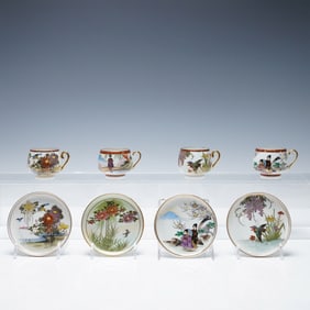 Set of 4 Kutani Japanese Geisha Lithophane Teacups with Saucers