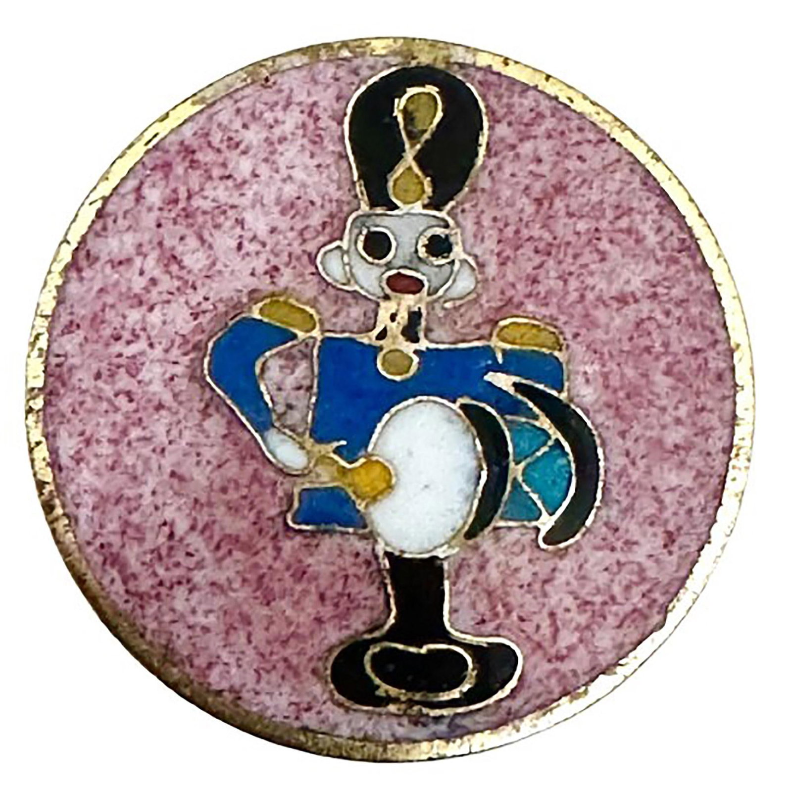 A division three pictorial enamel button: 1 Large heavy 20th C. Chinese Cloissonne enamel pictorial button. Here is a very nice Cloissonne enamel button depicting a figural front and a patterned back. The pink ground is especially nice and th