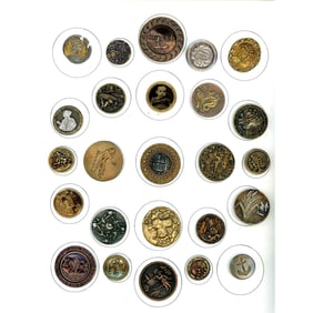 A full card of assorted metal pictorial buttons