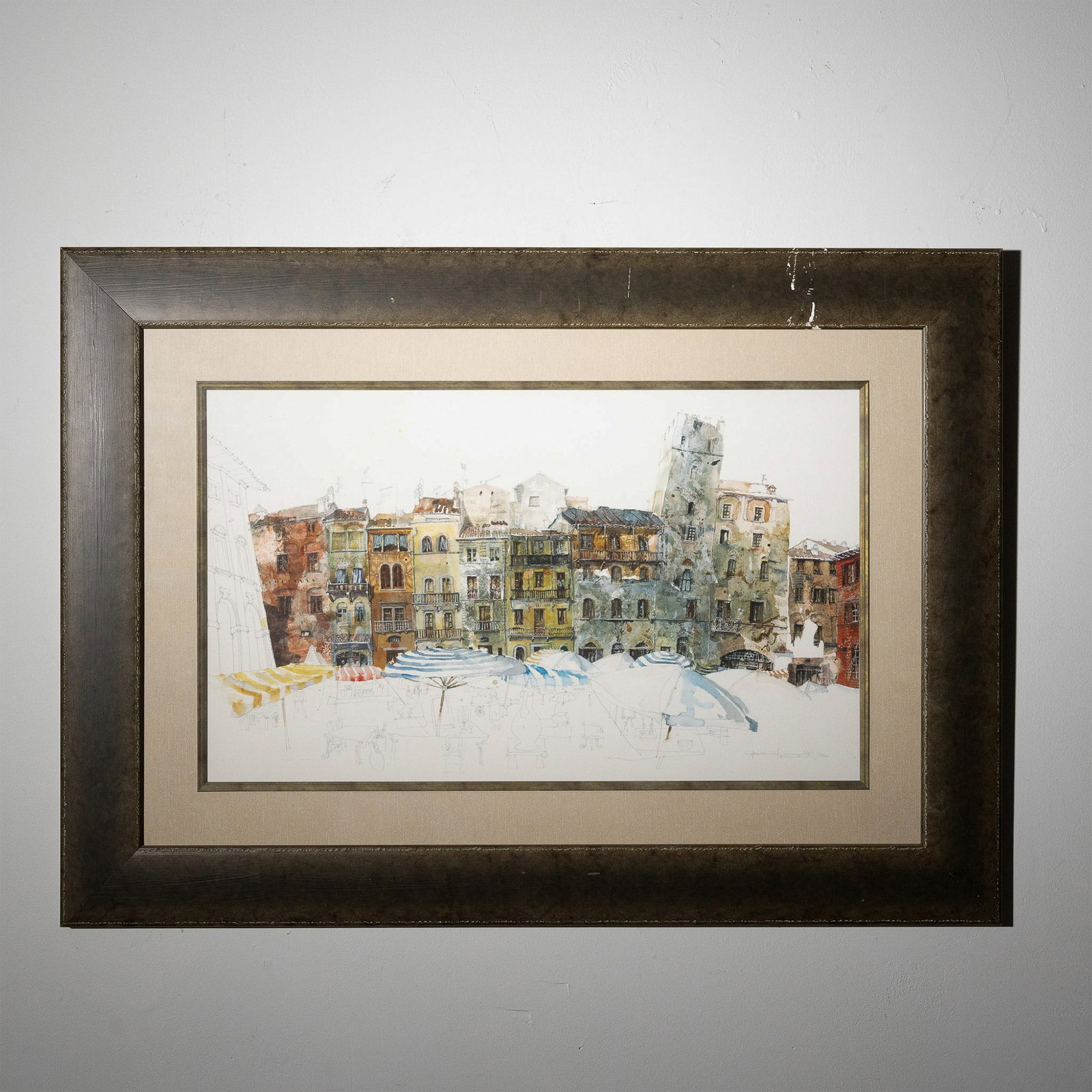 Limited Edition Lithograph, European Market Scene, Signed and Numbered: A captivating limited edition color lithograph depicting a European market scene with a blend of architectural realism and loosely sketched foreground elements. The composition features historic stone