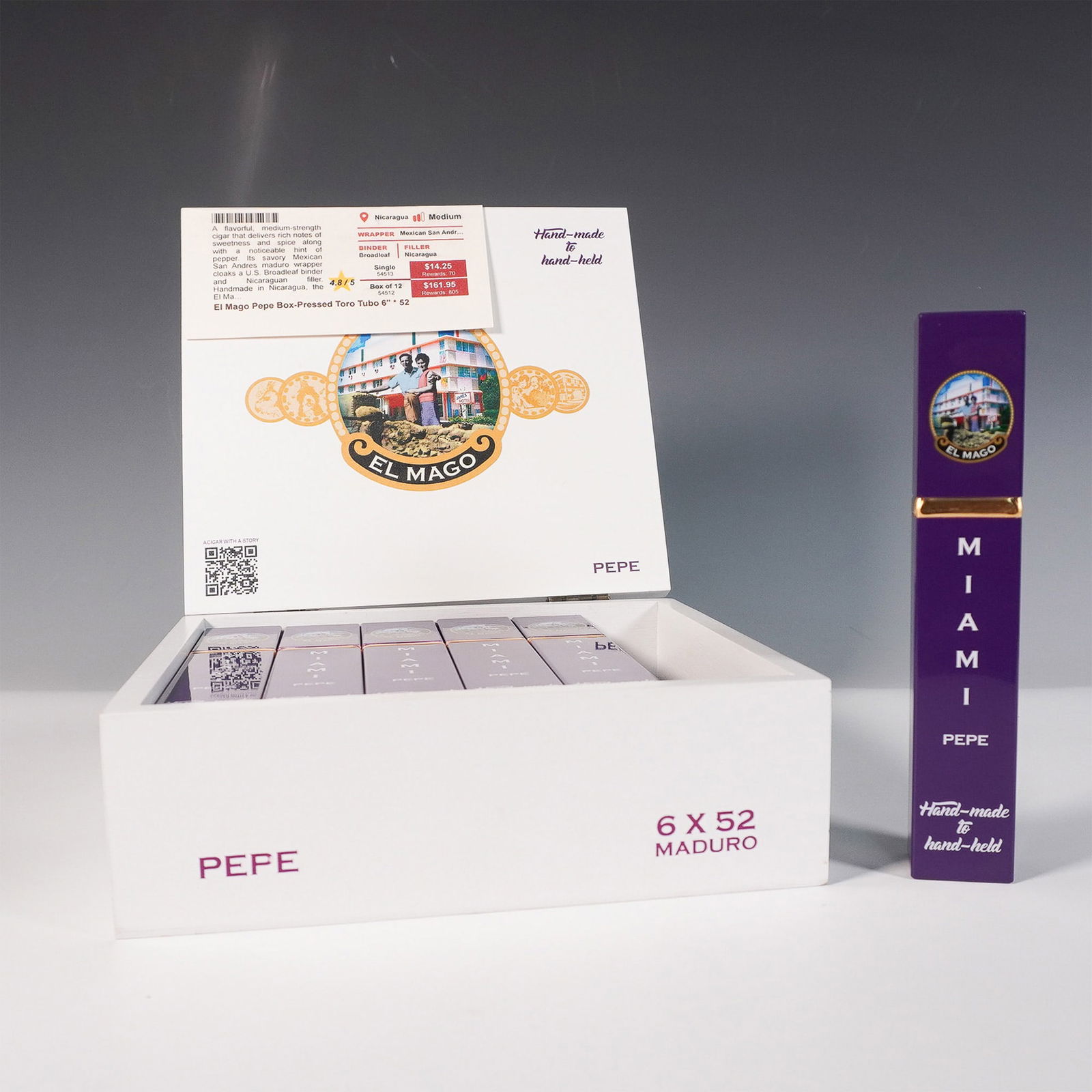 Box of 12 El Mago Pepe Box-Pressed Toro Tubo Cigars: El Mago Pepe Box-Pressed Toro Tubo 6 x 52 cigars, presented in original manufacturer packaging. This lot includes individually tubed cigars, each enclosed in a purple box labeled MIAMI PEPE. The cigar
