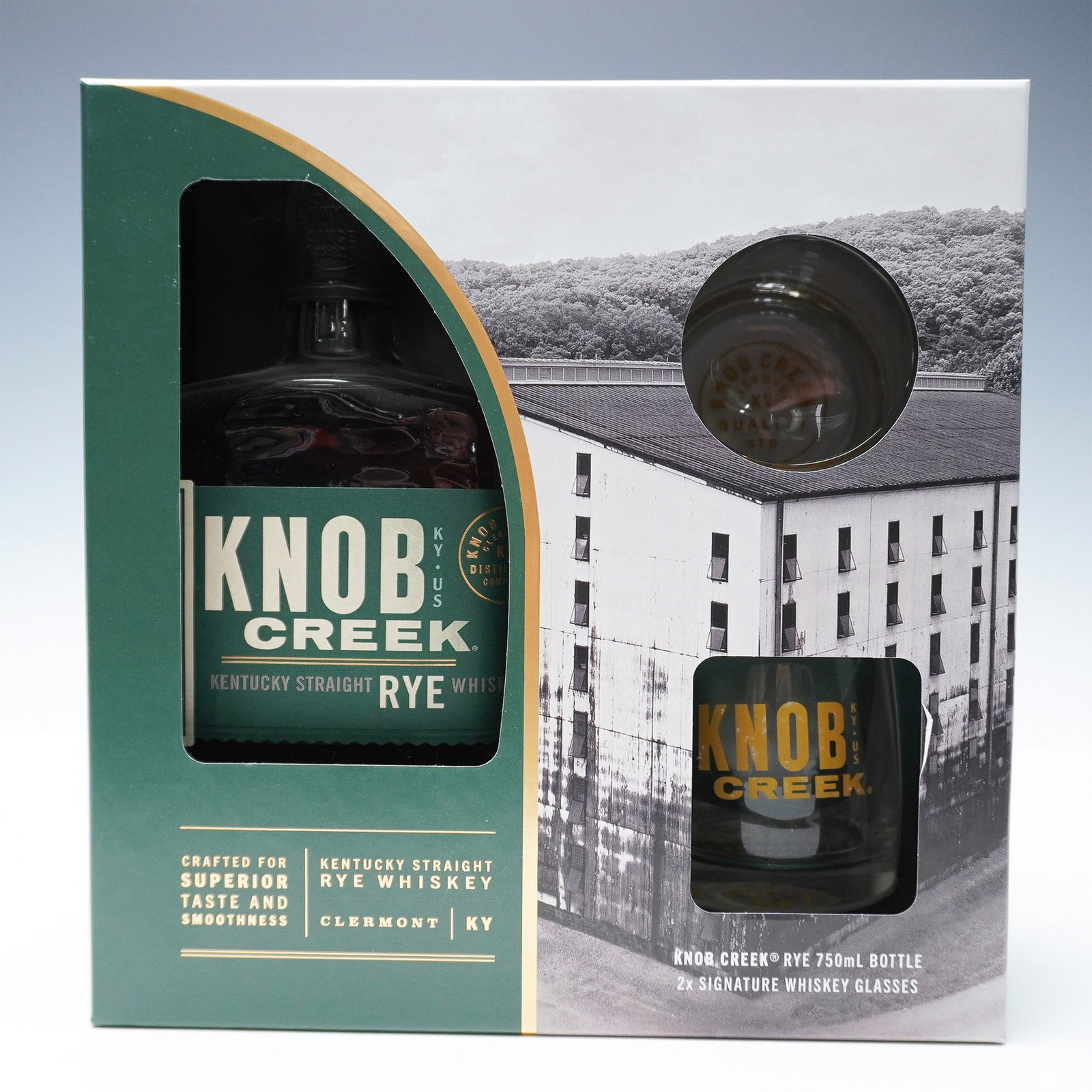 Knob Creek Rye Whiskey with Glassware Gift: This set includes a sealed 750mL bottle of Knob Creek Kentucky Straight Rye Whiskey along with two signature whiskey glasses. Crafted in small batches, this rye whiskey is bottled at 100 proof (50% al