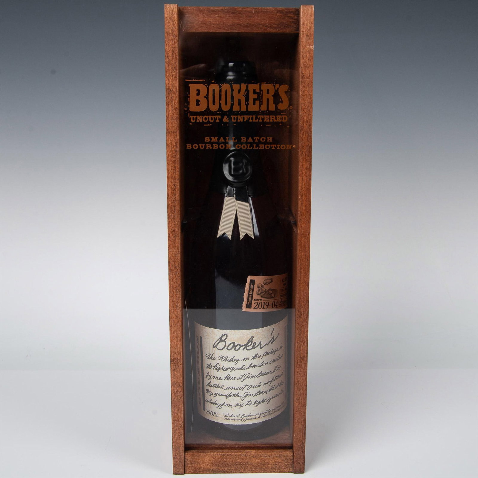 Booker's Bourbon Beaten Biscuits Batch 2019-04, 126.1 Proof: Limited-edition, uncut, and unfiltered bourbon whiskey from the Jim Beam distillery. A tribute to Booker Noe's legacy, The bottle includes a distiller's note. Wax capsule in perfect condition. This it
