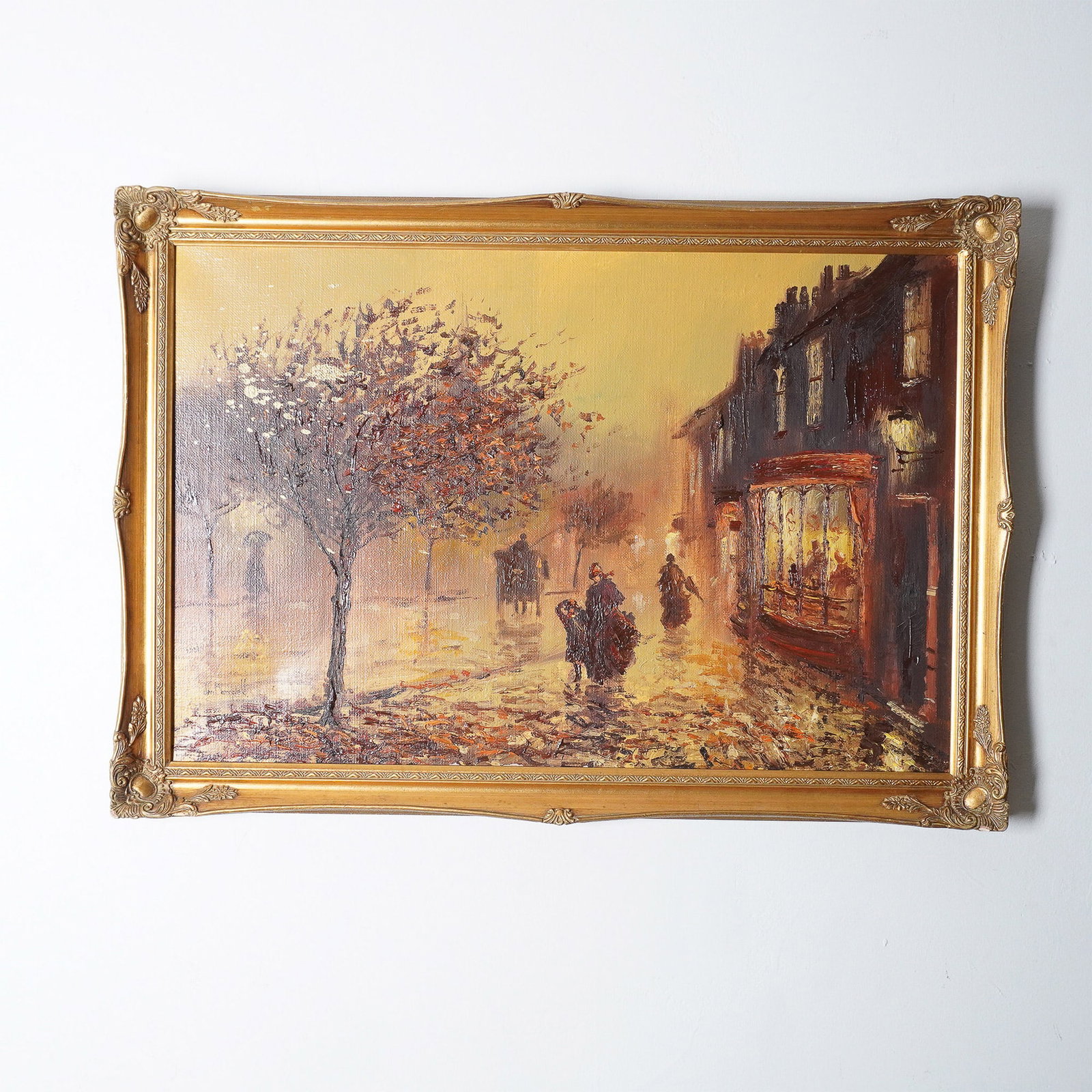 John Bampfield, Oil on Canvas, British Street Scene, Signed: Impressionist oil on canvas painting by British artist John Bampfield, depicting a nostalgic European street scene in autumn. Executed with rich impasto brushwork, the composition captures a rainy eve