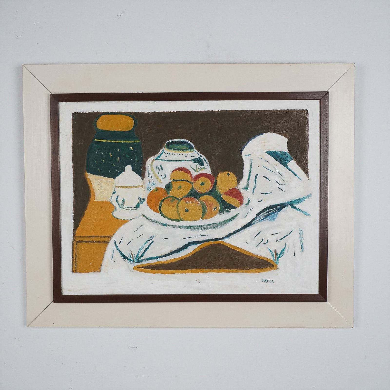 Faveu, Still Life Oil on Board Painting, Signed: This vibrant still life linen on board painting by artist Faveu showcases a beautifully arranged composition of fruits, ceramics, and draped fabric. The artwork is executed in a bold, textured style, 