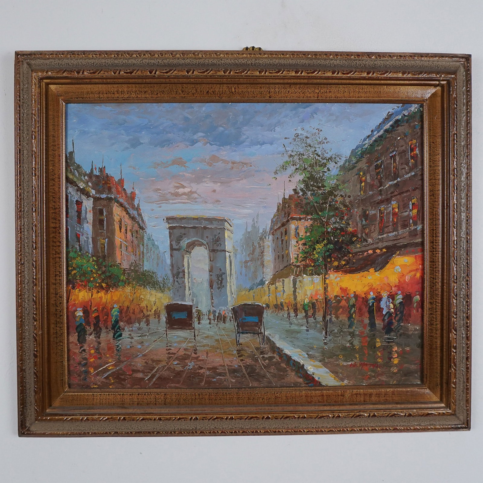 W. Matthews, Oil on Canvas, Parisian Street, Signed: This captivating oil on canvas painting by W. Matthews depicts a bustling Parisian street scene featuring the iconic Arc de Triomphe as the central subject. Rendered in a classic impressionist style, 