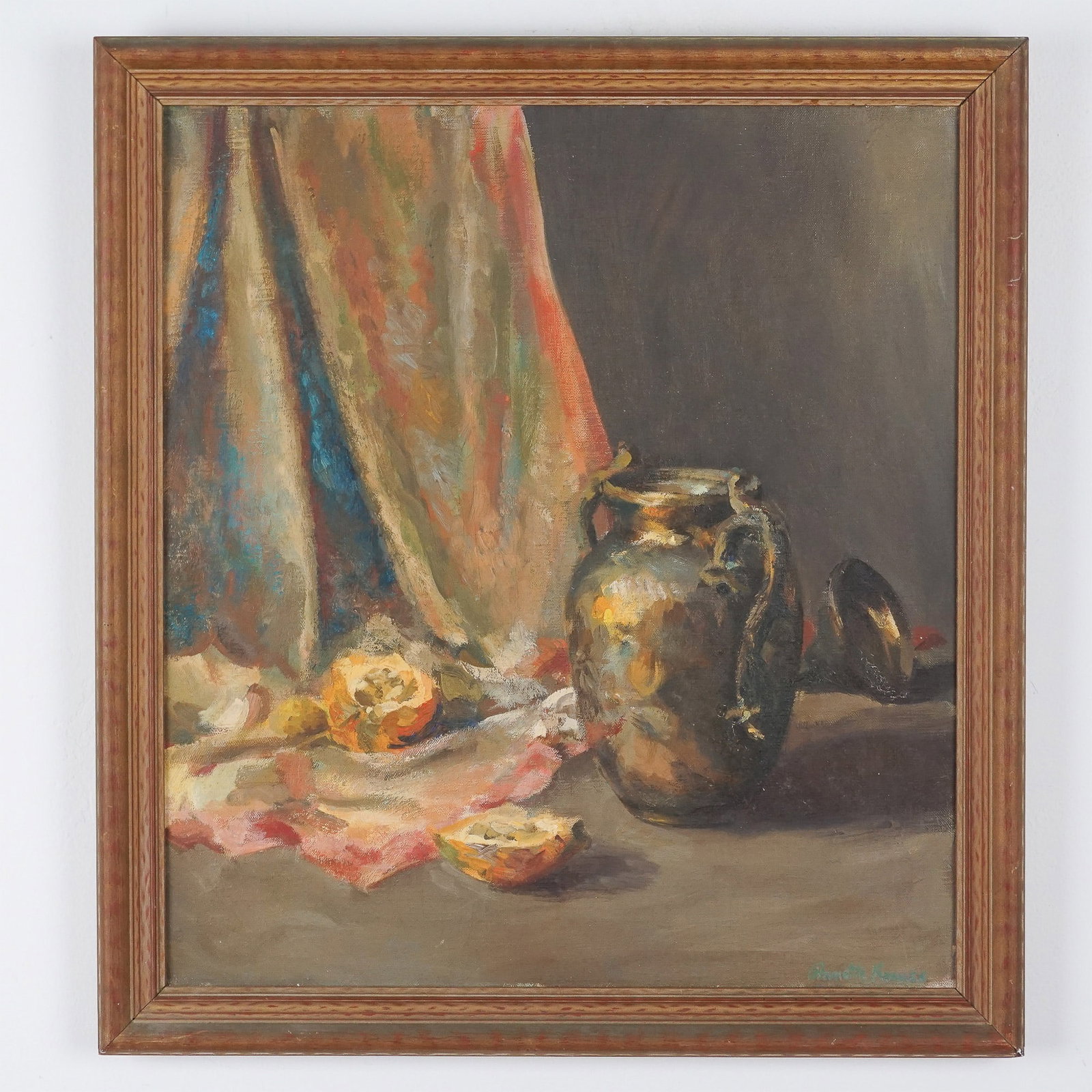 Still Life Painting by Annette Krauss Rose, 20th Century: This oil-on-canvas still life painting by Palm Beach artist Annette Krauss Rose features a vibrant composition of a metallic vase and cut fruit against a draped fabric background. Rose, a 20th-century