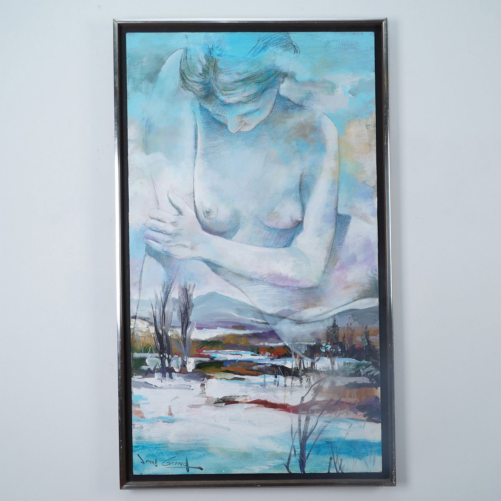 Jonas Gerard Original Acrylic on Canvas, Waiting (1980): A captivating acrylic on canvas painting by Jonas Gerard (1941-2020), an American abstract and expressionist artist known for his emotionally evocative and dynamic works. Titled Waiting, this piece, c