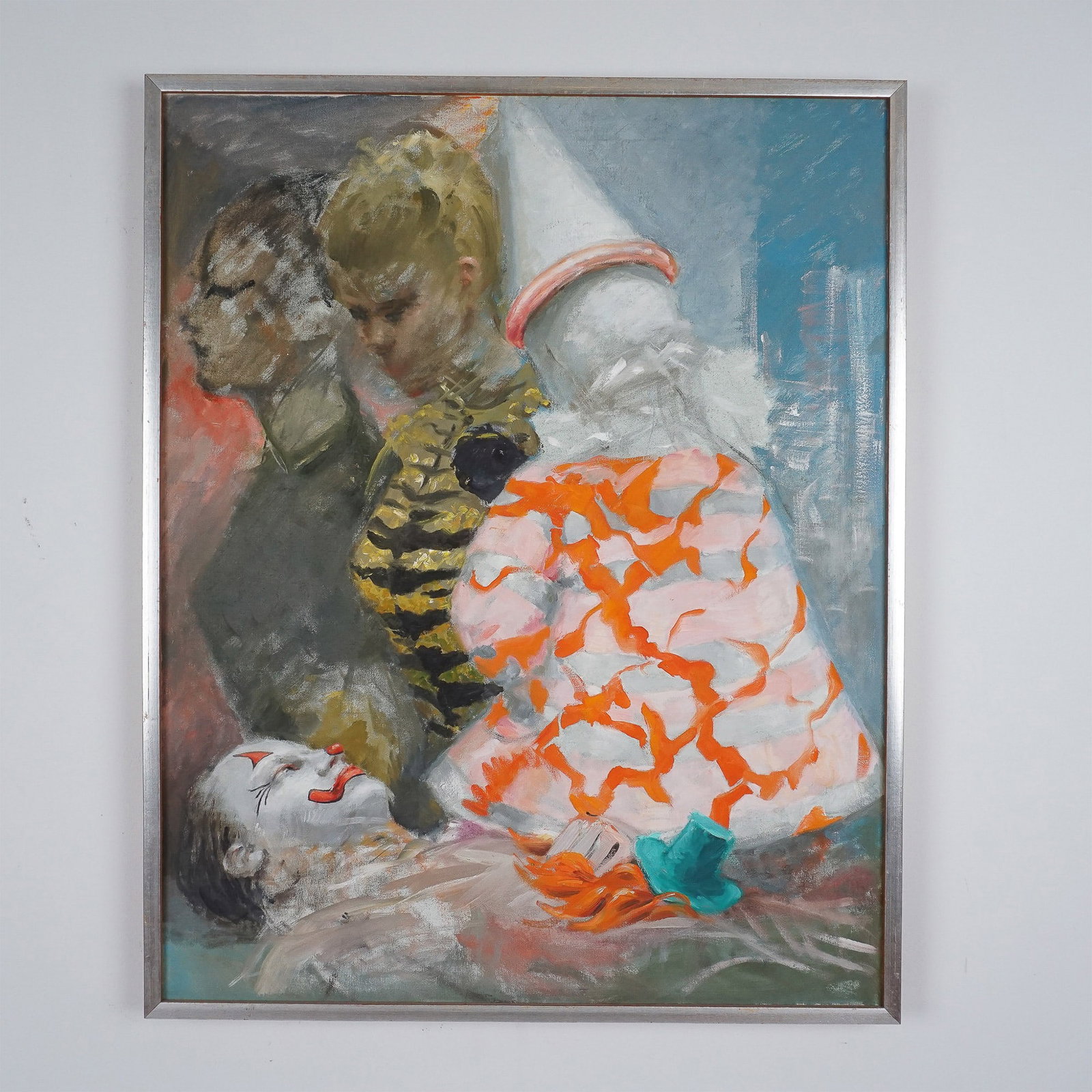Annette Krauss Rose, Oil on Canvas, Tigers and Circus Clowns: This captivating oil painting by Palm Beach artist Annette Krauss Rose, who studied painting in New York City under Tonalist and Impressionist Frank Vincent DuMont, features a striking composition of 