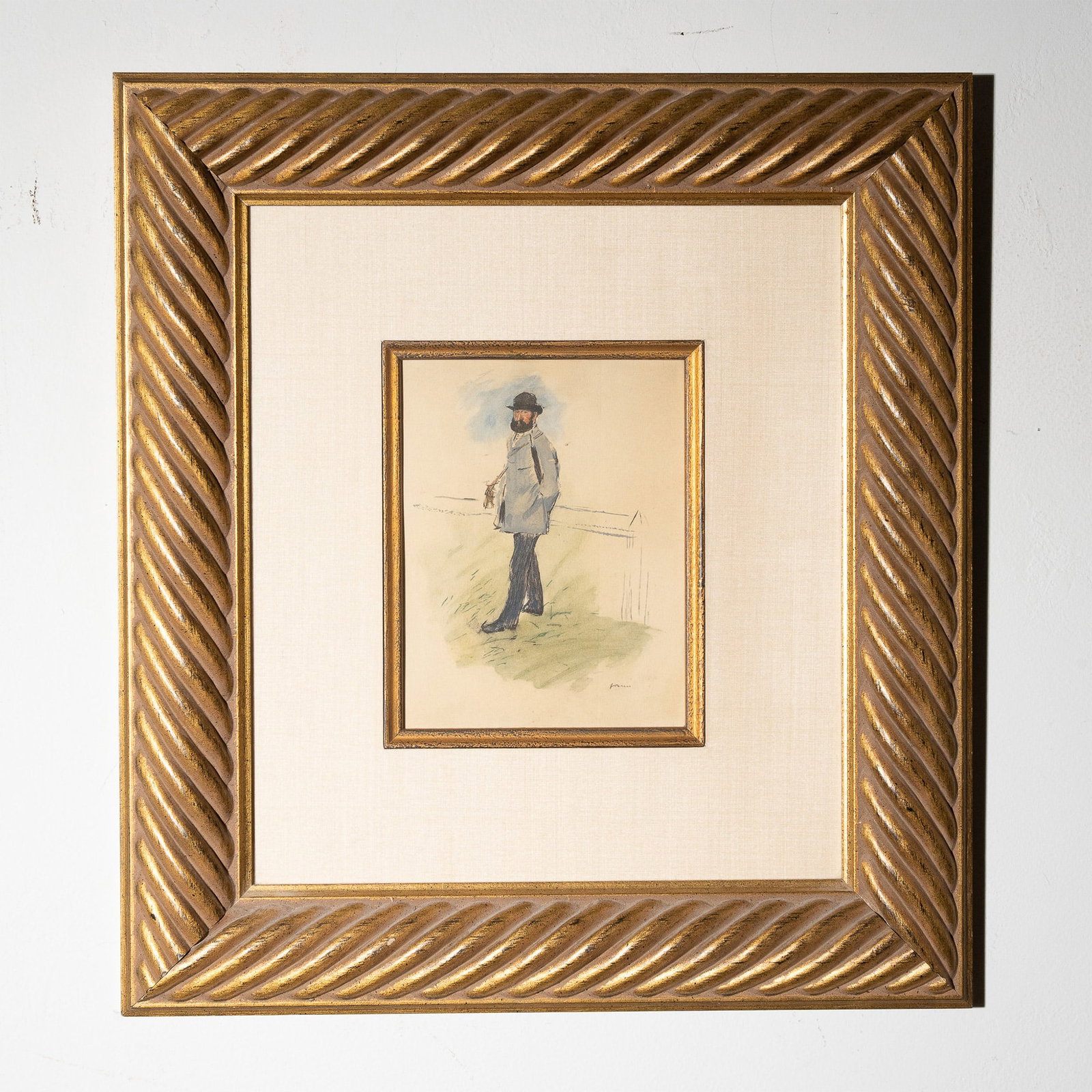 Original Jean-Louis Forain, Gouache and Watercolor on Paper, Signed: A distinguished painting by French Impressionist Jean-Louis Forain, created using both watercolor and gouache. This artwork depicts a bearded gentleman in an overcoat and hat, standing near a fence wi