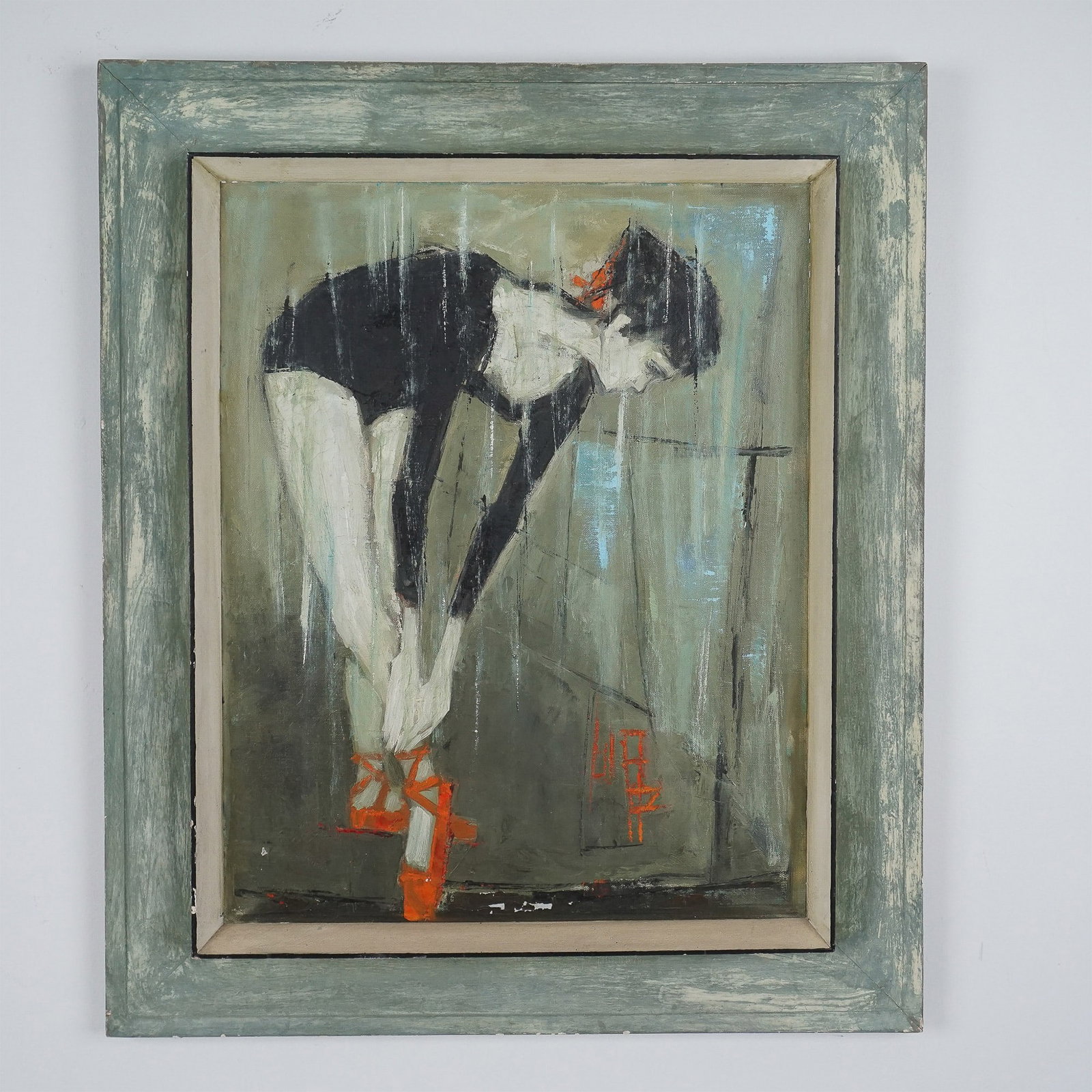 Original Oil on Canvas, Ballet Dancer, Signed: This captivating mid-century modern oil painting depicts a ballet dancer adjusting her pointe shoes, a moment of quiet preparation before performance. The piece is rendered with dynamic brushstrokes, 