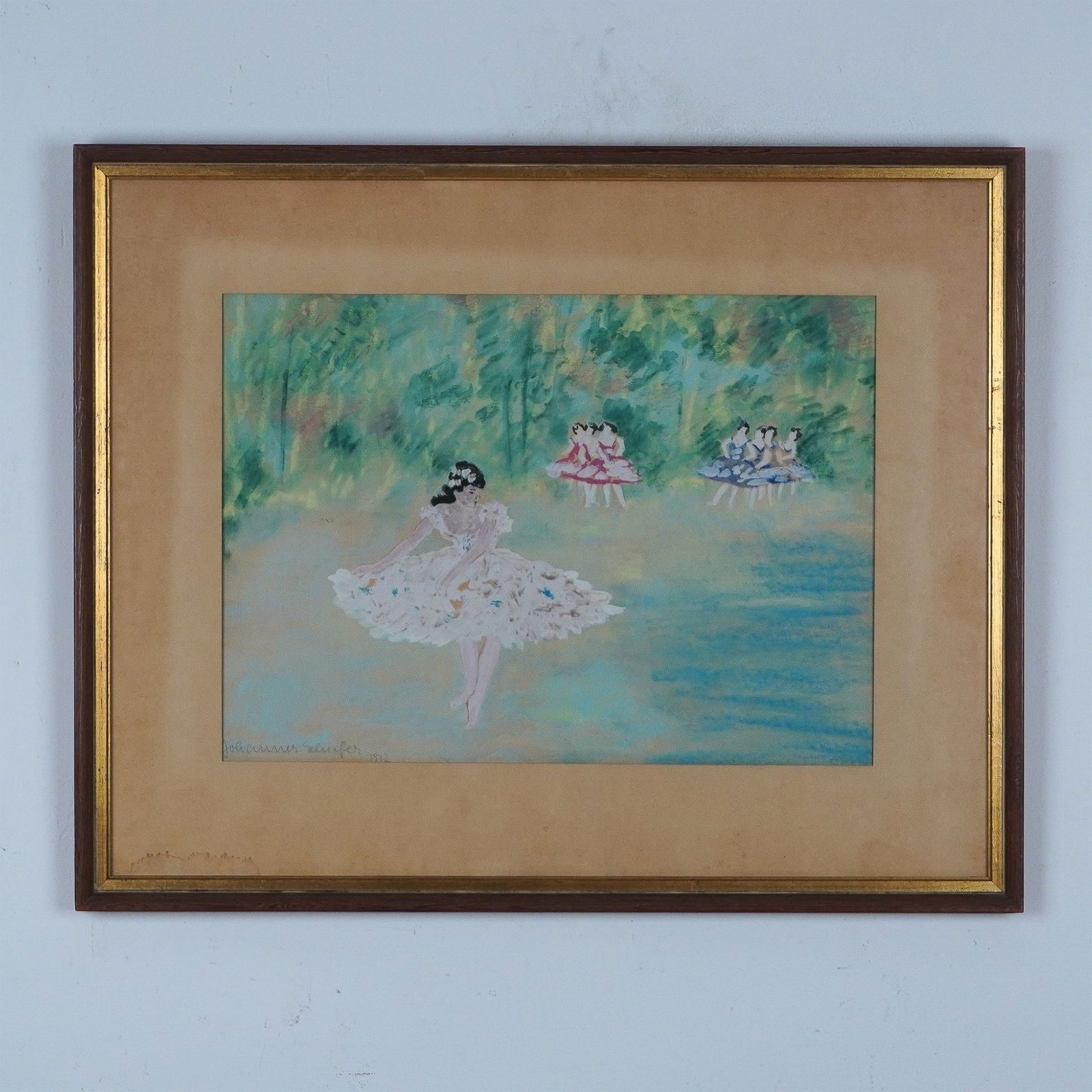 Johannes Schiefer, Ballet Scene, Gouache and Watercolor on Paper, Signed: Delicate and enchanting painting by Johannes Schiefer, capturing a serene ballet scene. This work features a group of ballerinas in pastel-hued tutus, gracefully performing in an outdoor setting. The