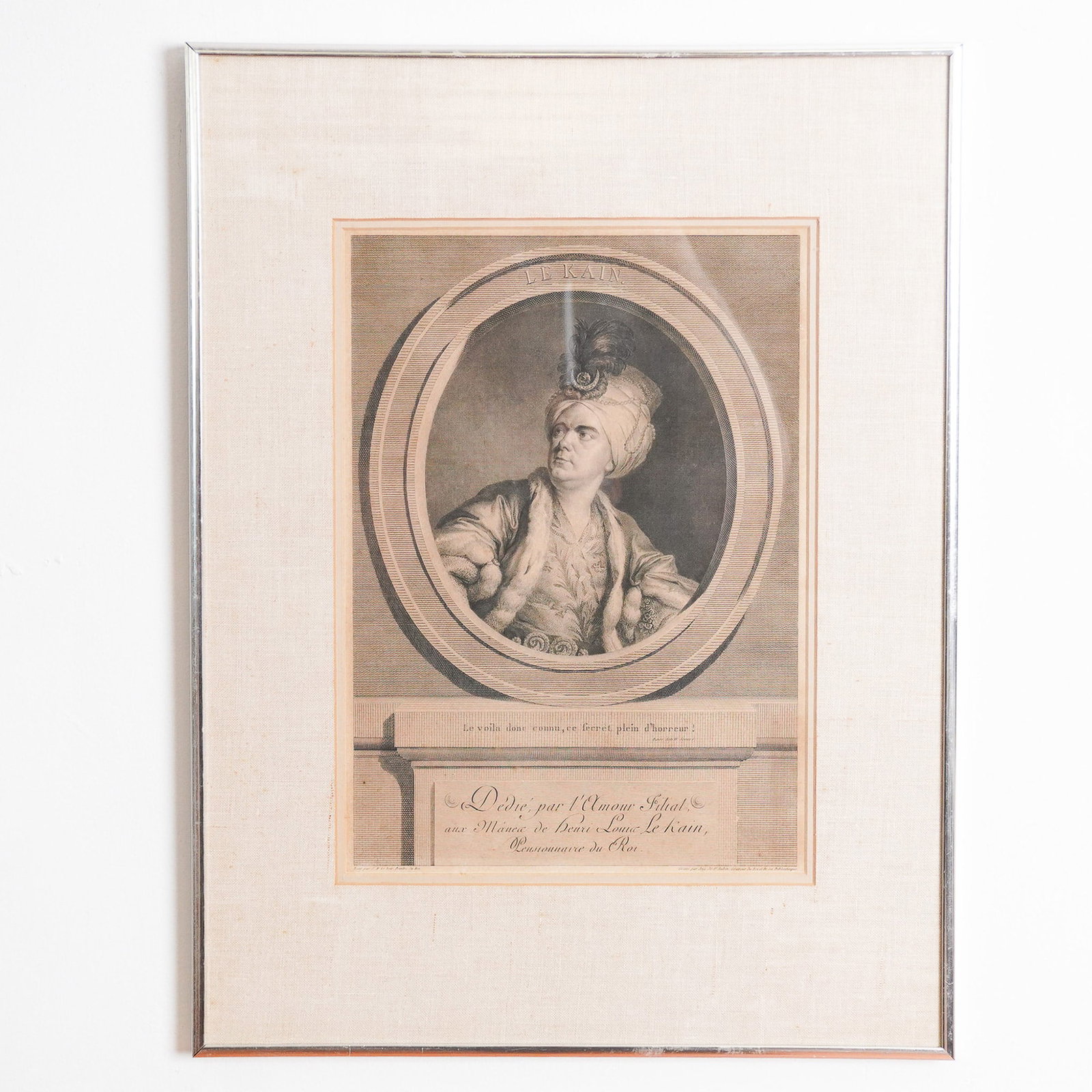 Augustin de Saint Aubin, Le Kain, Engraving on Paper: This finely executed engraving by Augustin de Saint Aubin depicts Henri Louis Cain, known as Le Kain, a prominent French actor of the 18th century. The portrait presents Le Kain in an elaborate theatr
