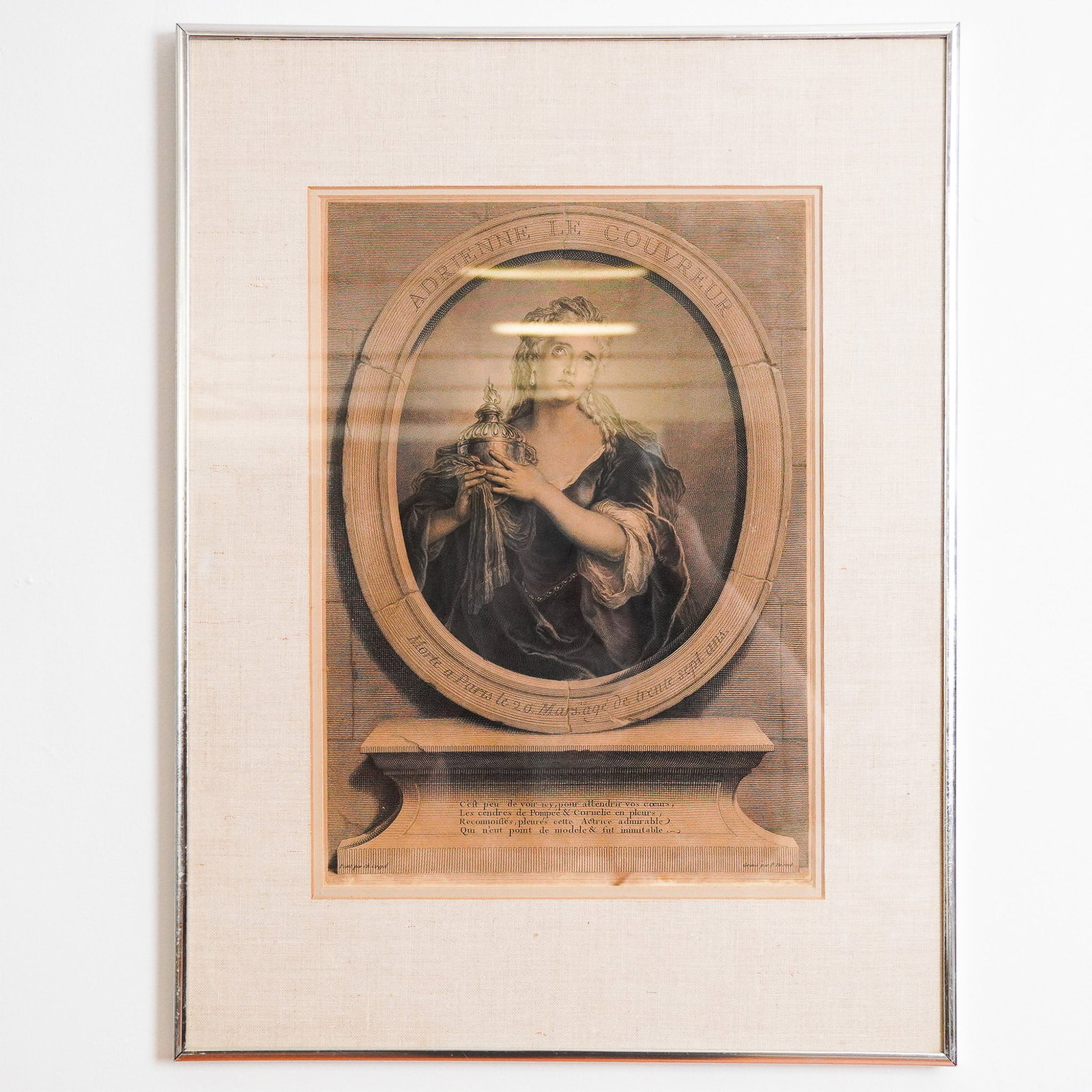 After Charles Antoine Coypel, Antique Engraving on Paper, Actress Adrienne: Finely executed 18th-century engraving depicting Adrienne Lecouvreur, the celebrated French actress, in an allegorical mourning pose. Based on an original work by Charles Antoine Coypel, this print wa
