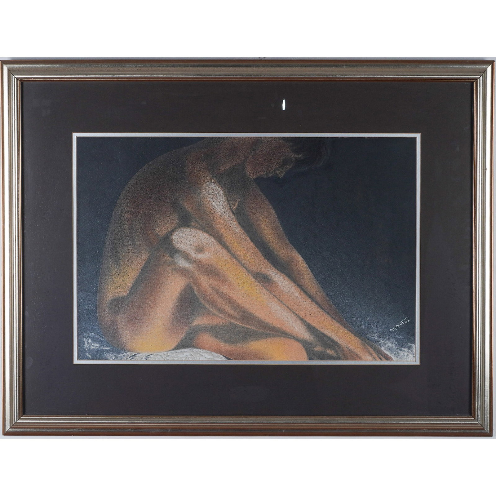 Kent, Nude Study, Pastel and Mixed Media on Paper, Signed: A striking pastel drawing by artist Kent, depicting a contemplative nude figure in a seated position. Executed in a soft yet dramatic palette, the artwork captures the interplay of light and shadow on