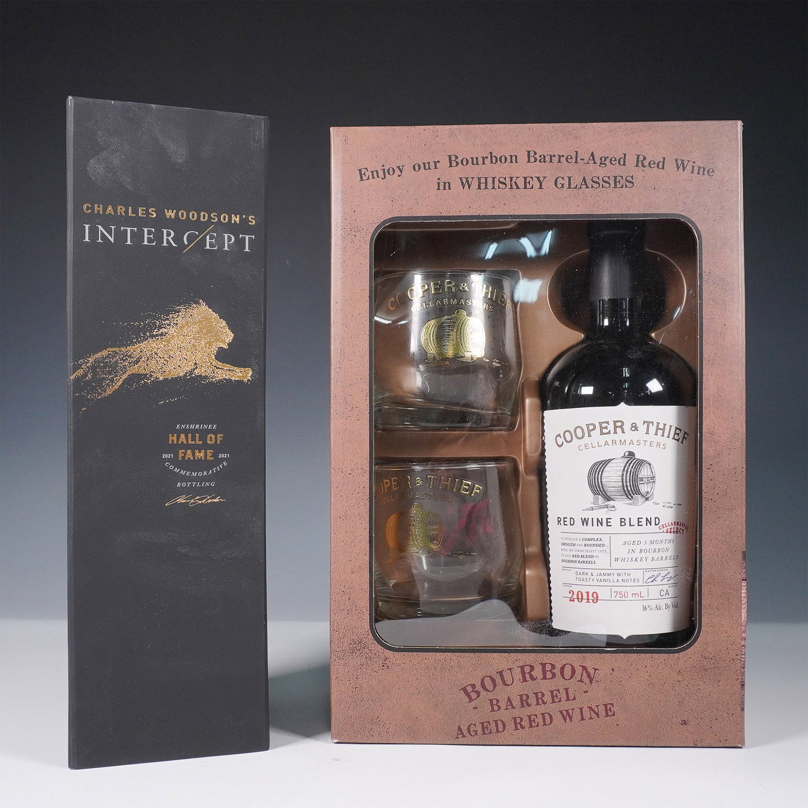 2pc Cooper & Thief BA Red Wine Gift Set & Charles Woodson's Intercept Wine: A unique wine lot featuring two collectible sets: Cooper & Thief Cellarmasters 2019 Red Wine Blend Gift Set. This bourbon barrel-aged red wine blend is known for its dark and jammy profile with warm v